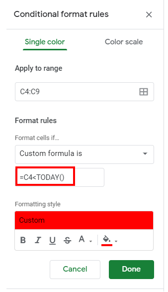 google sheets conditional formatting dates overdue today function