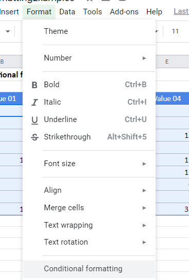 google sheets conditional formatting menu