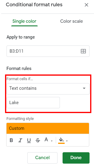 google sheets contains specific text cond formatting