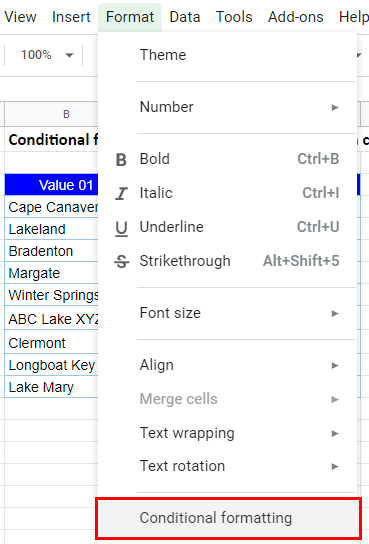 google sheets contains specific text menu