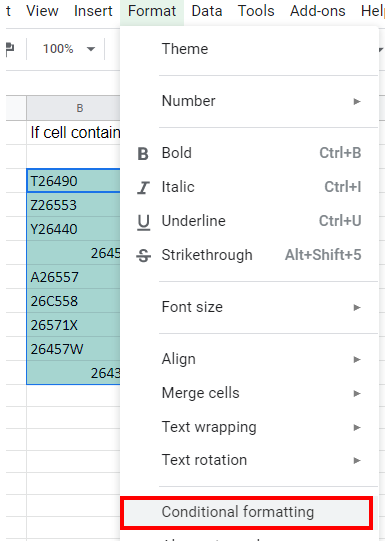google sheets if cell contains text menu