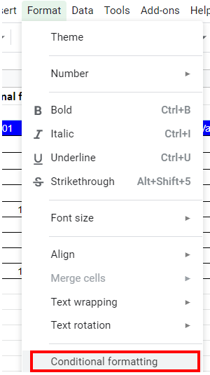 google sheets not equal to menu