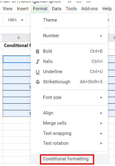 google sheets conditional formatting between two numbers menu