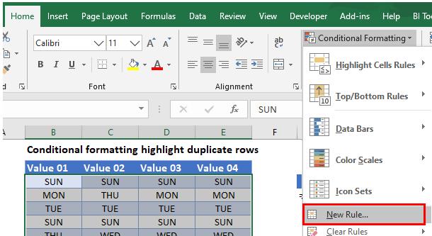 highlight duplicate rows menu