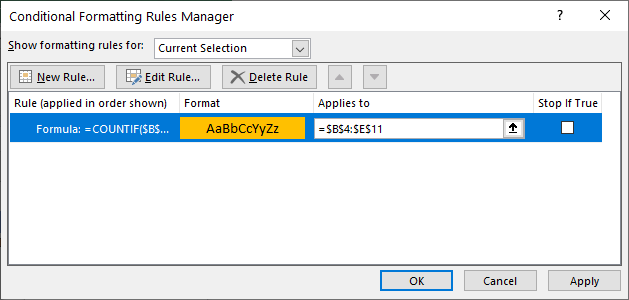 highlight duplicate values rules manager