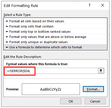 highlight rows if iserror formula