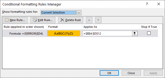 highlight rows if iserror rule manager