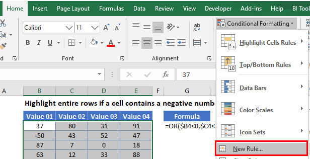 highlight rows if or menu