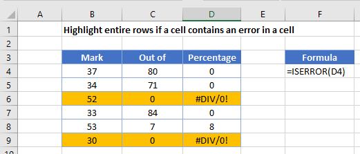 highlight rows if rule iserror