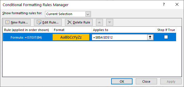 if cell contains text rules manager