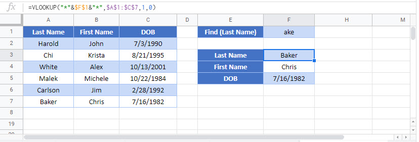 vlookup contains partial match Google Function