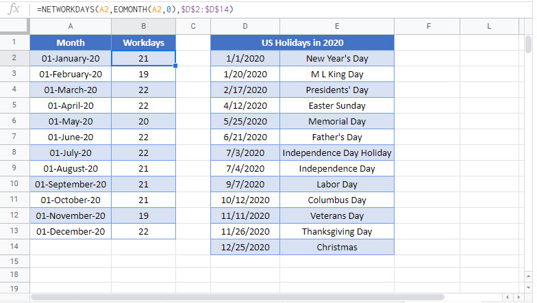 workdays in month Google Function