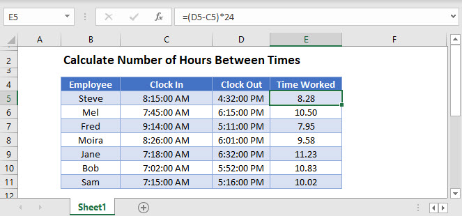 calculate hours between times Main Function