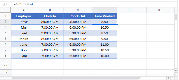 calculate hours worked Google Function