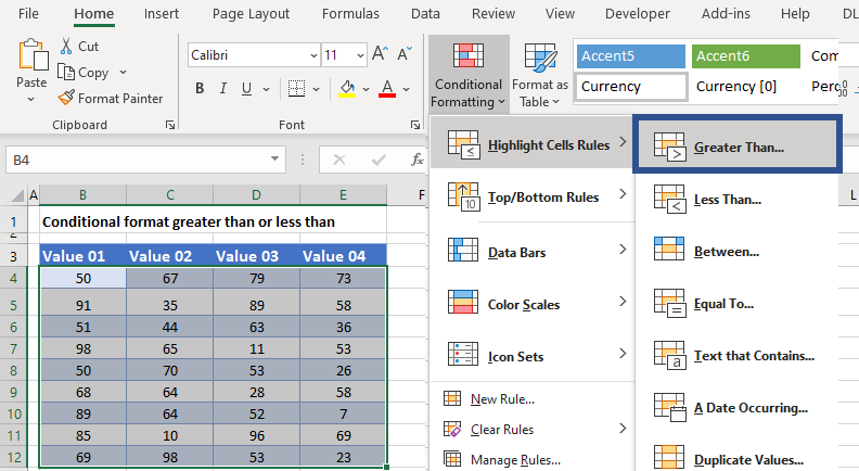 conditional formatting greater than rule