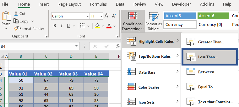 conditional formatting less than rule