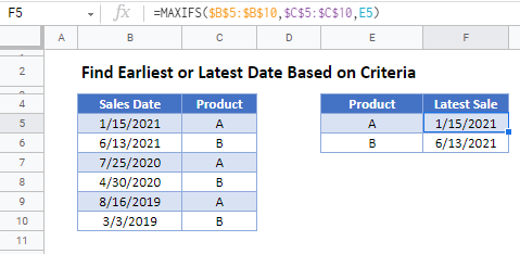 find earliest latest date with criteria gsheets