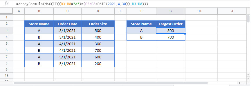 max if with condition Google Function