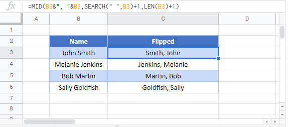 switch first last names commas Google Function