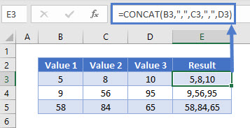 combine cells comma CONCAT