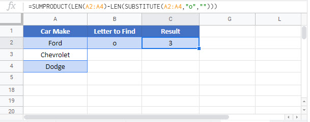 count specific characters column Google Function