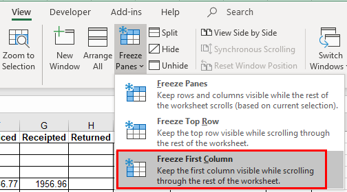 excel freeze columns first column 