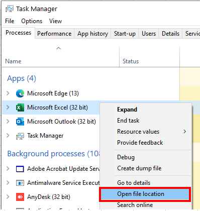 excel windows task manager