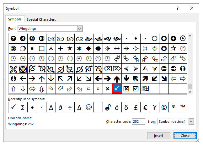 InsertTick Wingdings CheckMark