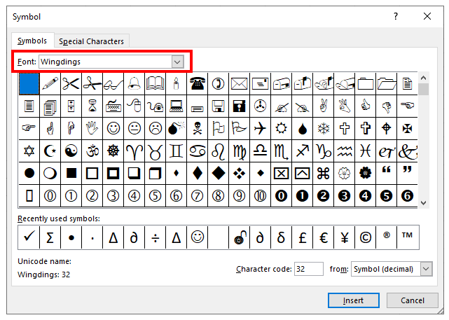 InsertTick Wingdings