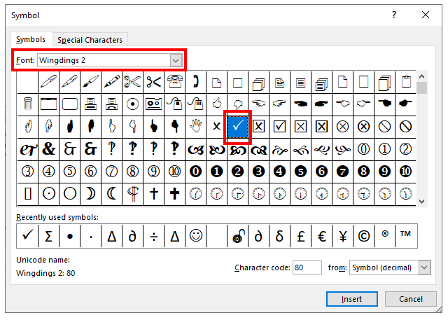 InsertTick Wingdings2 Symbol