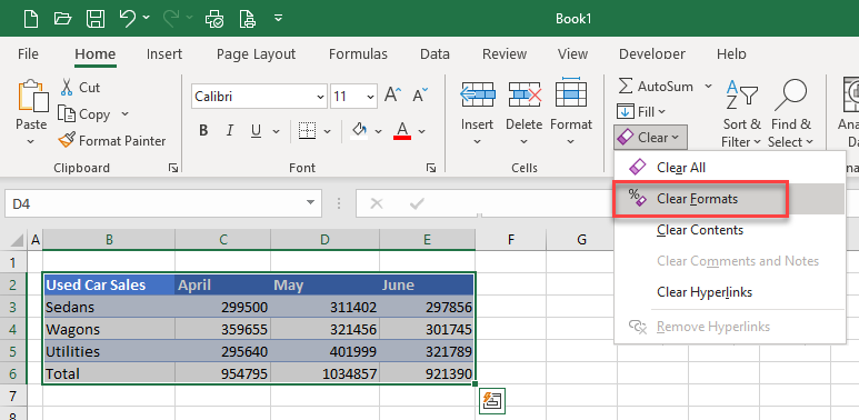 tableformat clear format