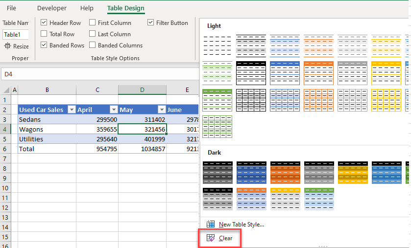 tableformat clear style