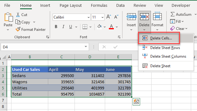 tableformat delete table