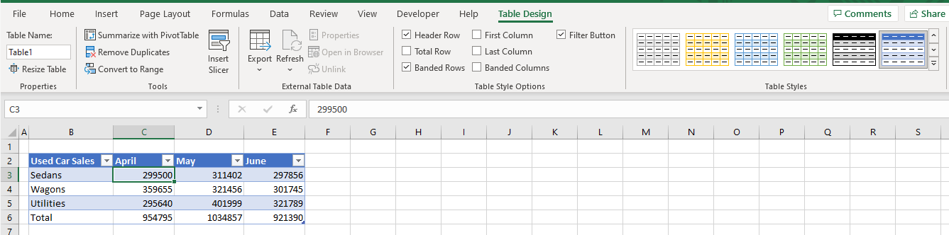 tableformat design tab