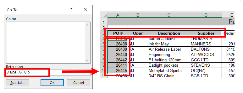 non adjacent goto row column