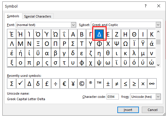 symbols insert delta