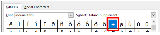 symbols insert division