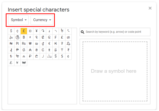 symbsols insert google doc currency