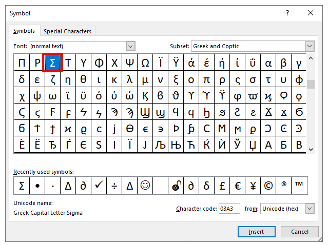 symbols insert sum