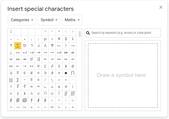 symbols special characters google sheets