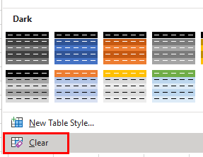 table table styles clear style