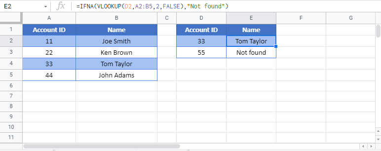 vlookup iferror na Google Function