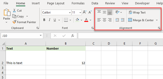alignment in excel