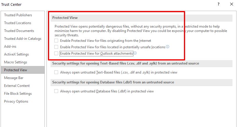 Protected View TrustCenterSettings