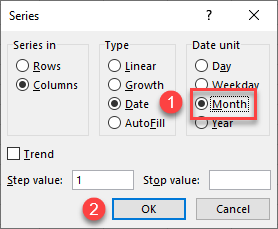 autofill months fill command value 1