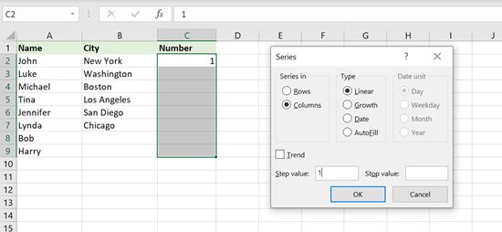 autofill numbers fill series