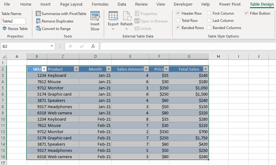 data table excel