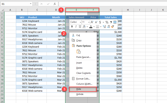 excel hide columns