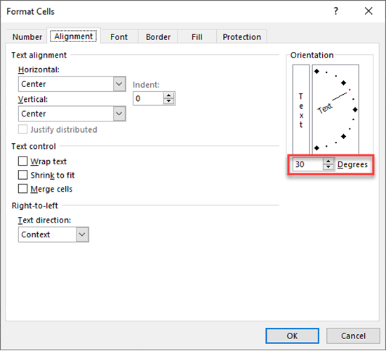 format cell alignment angle