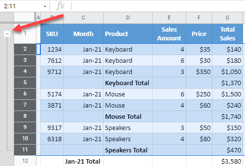 google sheets collapse rows 1